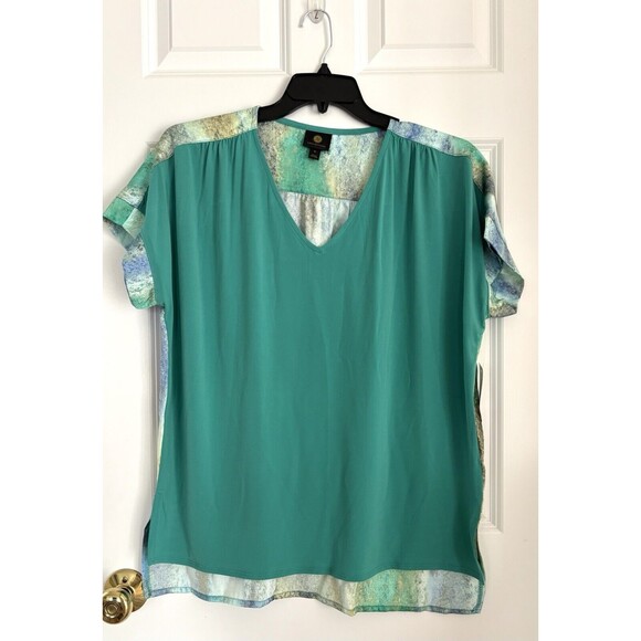 JM COLLECTION WOMENS SHORT SLEEVE TOP GREEN MIXED-MEDIA PULLOVER SIZE XL/XXL 136 - Picture 1 of 5